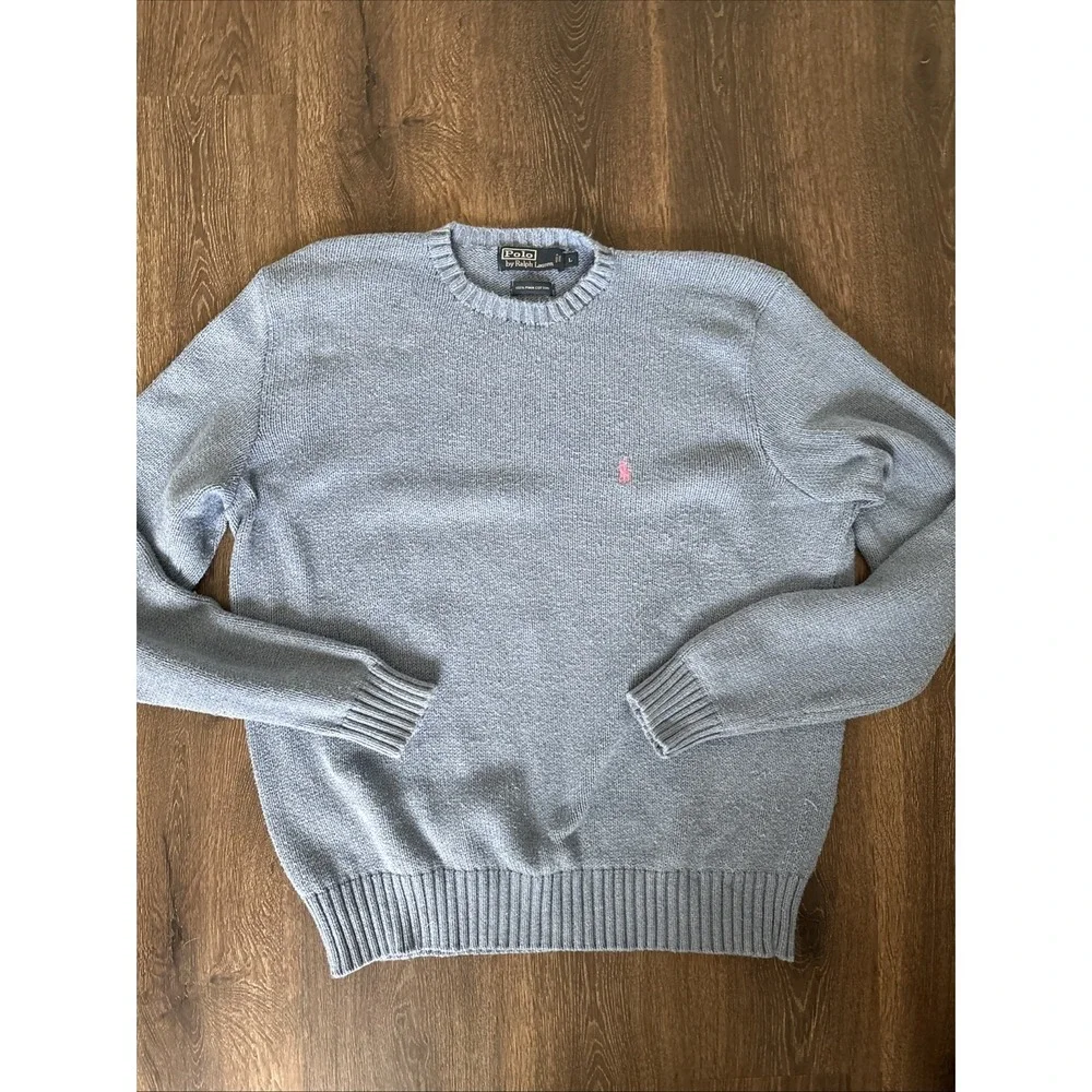 Vintage Polo Ralph Lauren Sweater Mens L Blue Chunky Knit Cotton Crew Pullover
